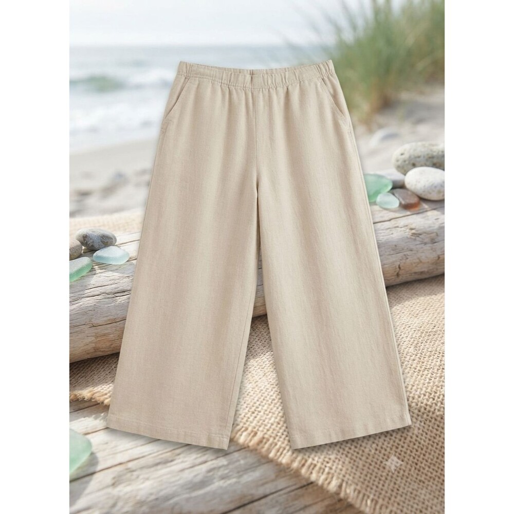 C & C California Linen Lyocell Wide Leg Cropped Pants Womens L Beige Soft Casual
